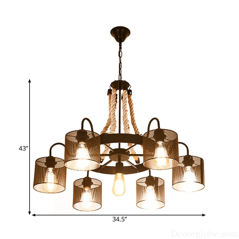 Vintage Style Cylinder Mesh Metal Shade Chandelier: 6-Head Restaurant Hanging Light in Beige Beige