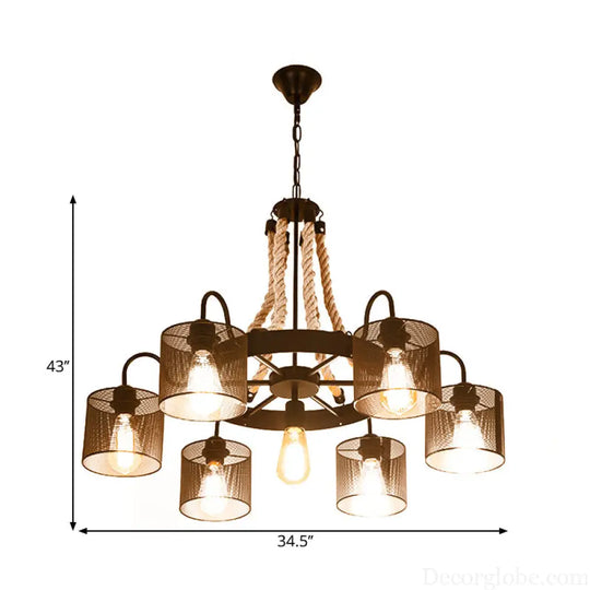 Vintage Style Cylinder Mesh Metal Shade Chandelier: 6-Head Restaurant Hanging Light in Beige Beige