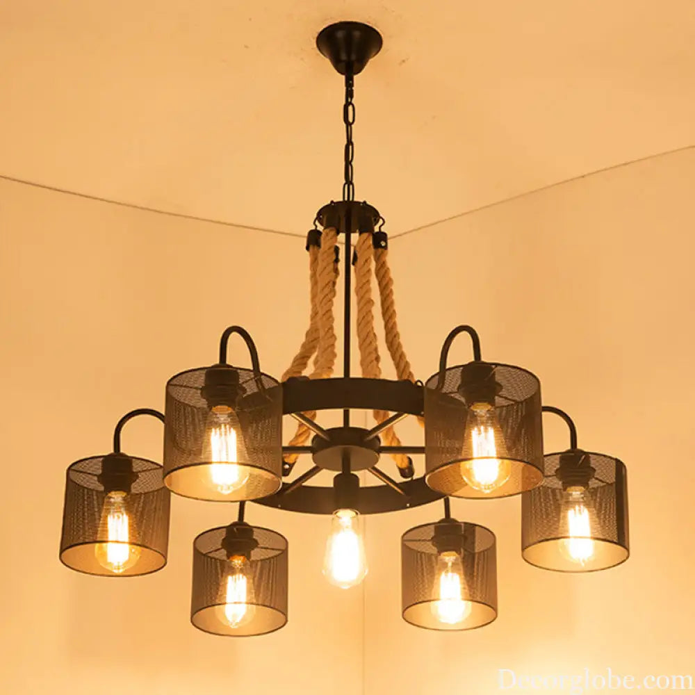 Vintage Style Cylinder Mesh Metal Shade Chandelier: 6-Head Restaurant Hanging Light in Beige Beige
