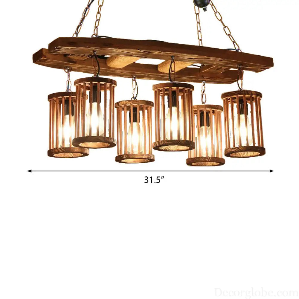Vintage Wood & Black 6-Light Cylinder Chandelier for Dining Room Pendant Lighting Wood