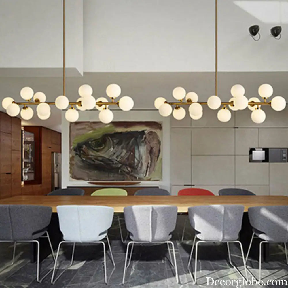 White Glass 16-Light Gold Pendant Chandelier - Elegant Dining Room Lighting Gold