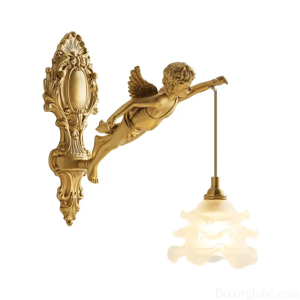 French Vintage Style Copper Angel Hanging Flower Crystal Wall Lamp Palace Corridor Entrance Porch Balcony Bedside