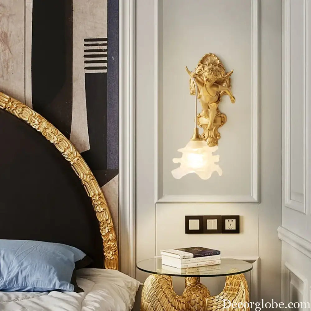 French Vintage Style Copper Angel Hanging Flower Crystal Wall Lamp Palace Corridor Entrance Porch Balcony Bedside