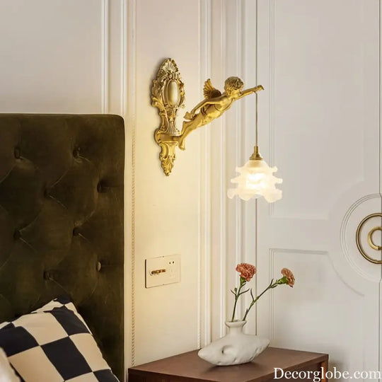 French Vintage Style Copper Angel Hanging Flower Crystal Wall Lamp Palace Corridor Entrance Porch Balcony Bedside