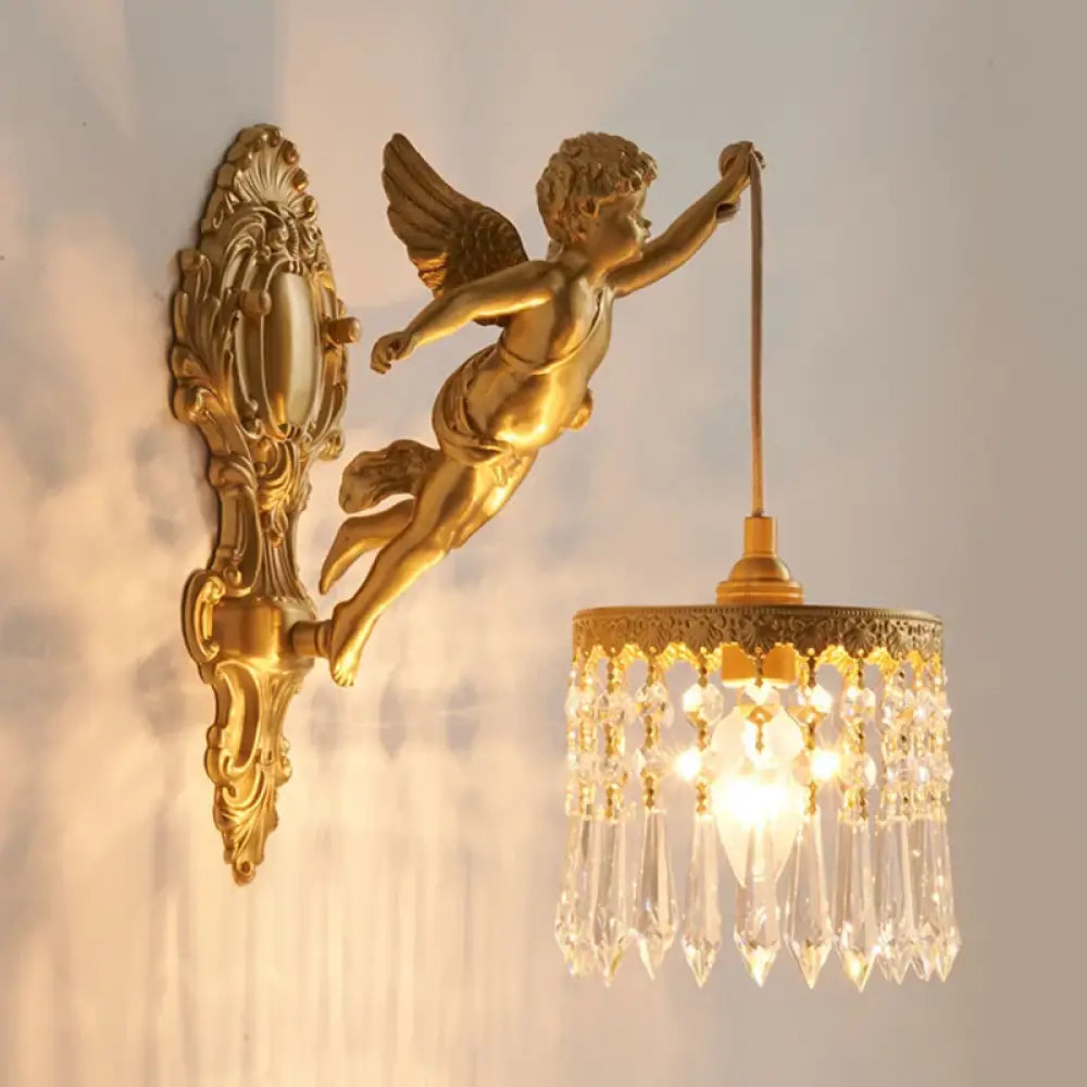 French Vintage Style Copper Angel Hanging Flower Crystal Wall Lamp Palace Corridor Entrance Porch Balcony Bedside